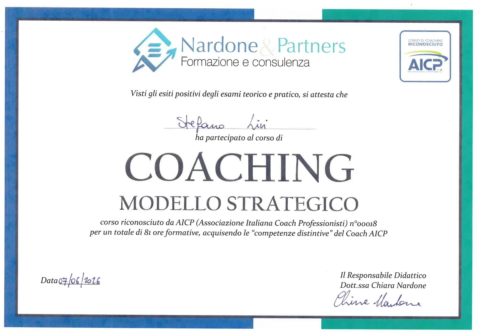Attestato del corso Coaching Modello Strategico di Nardone & Partners, riconosciuto AICP, rilasciato a Stefano Livi